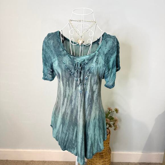 fairy vintage 90s y2k embroidered sequin patchwork babydoll flowy top - Picture 1 of 8